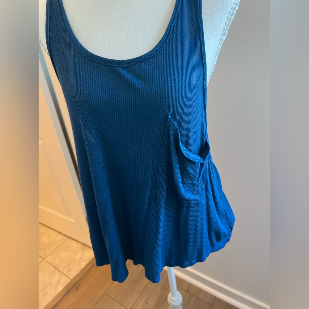 Free People Blue Ribbed Tunic Tank with Oversized Side Pocket